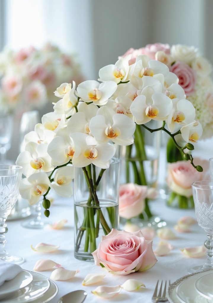 White orchids and pink roses arranged in glass vases decorate an elegant table setting with crystal glassware, white plates, and scattered rose petals.