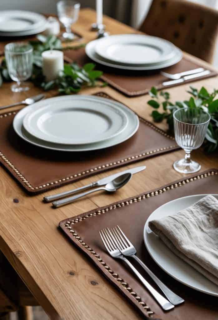 A wooden dining table set with white plates, glasses, cutlery, brown placemats, a folded napkin, and greenery as decoration.