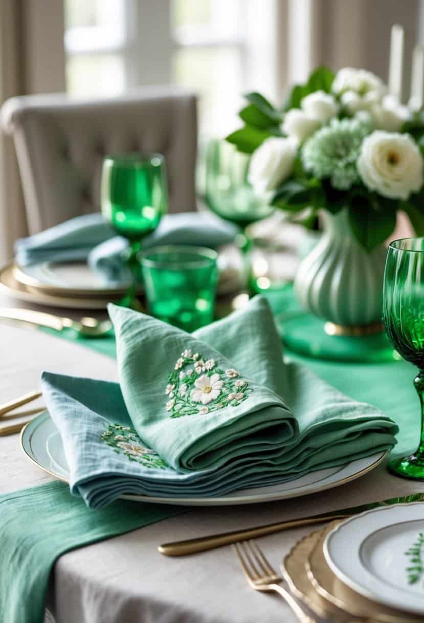 A dining table set with emerald green and soft blue embroidered linen napkins arranged alongside matching tableware.