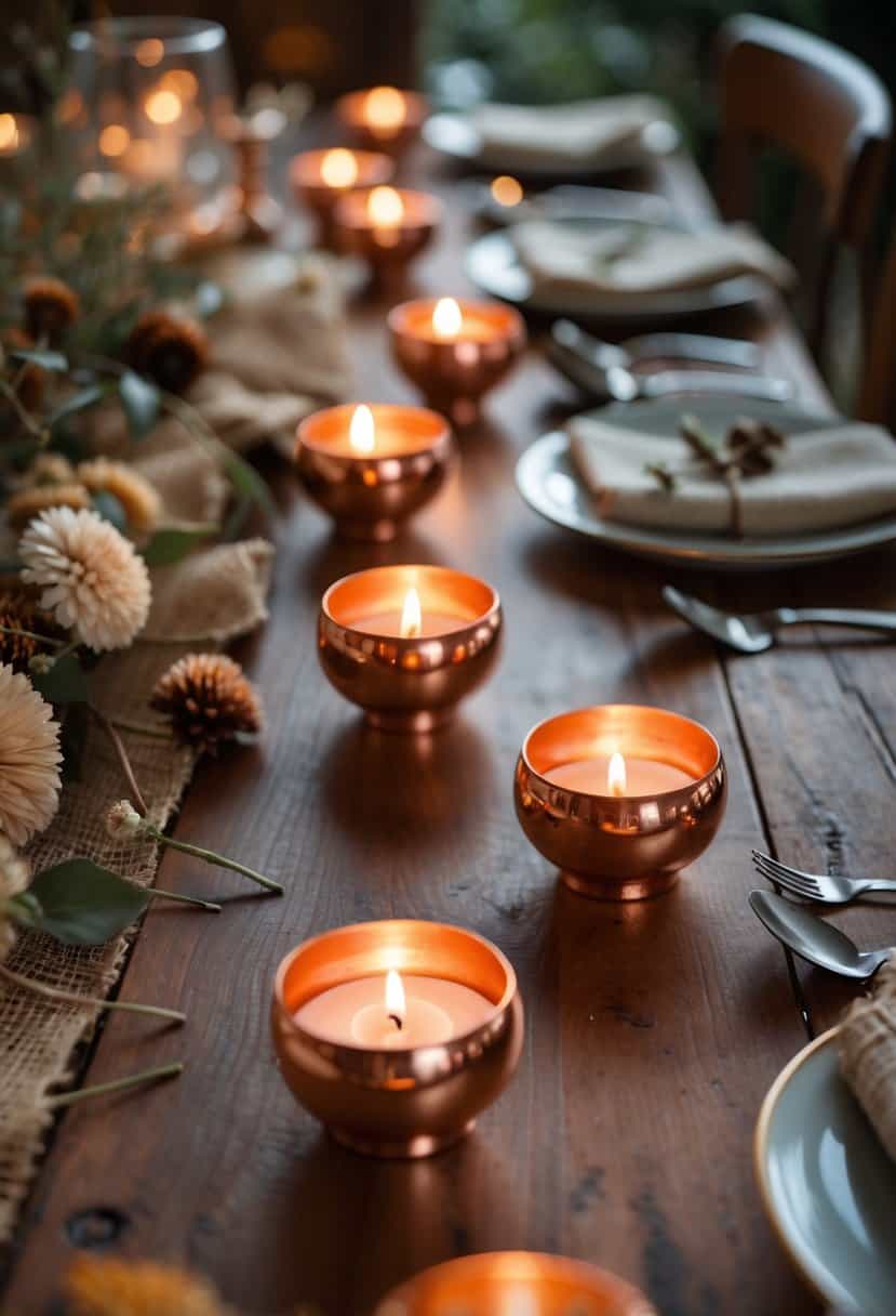Copper tea light holders scattered on a brown wooden table with soft candlelight glowing.