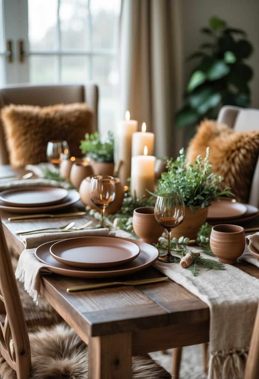 A cozy seating area with brown faux fur chair cushions around a wooden table set with plates, napkins, and small plants.