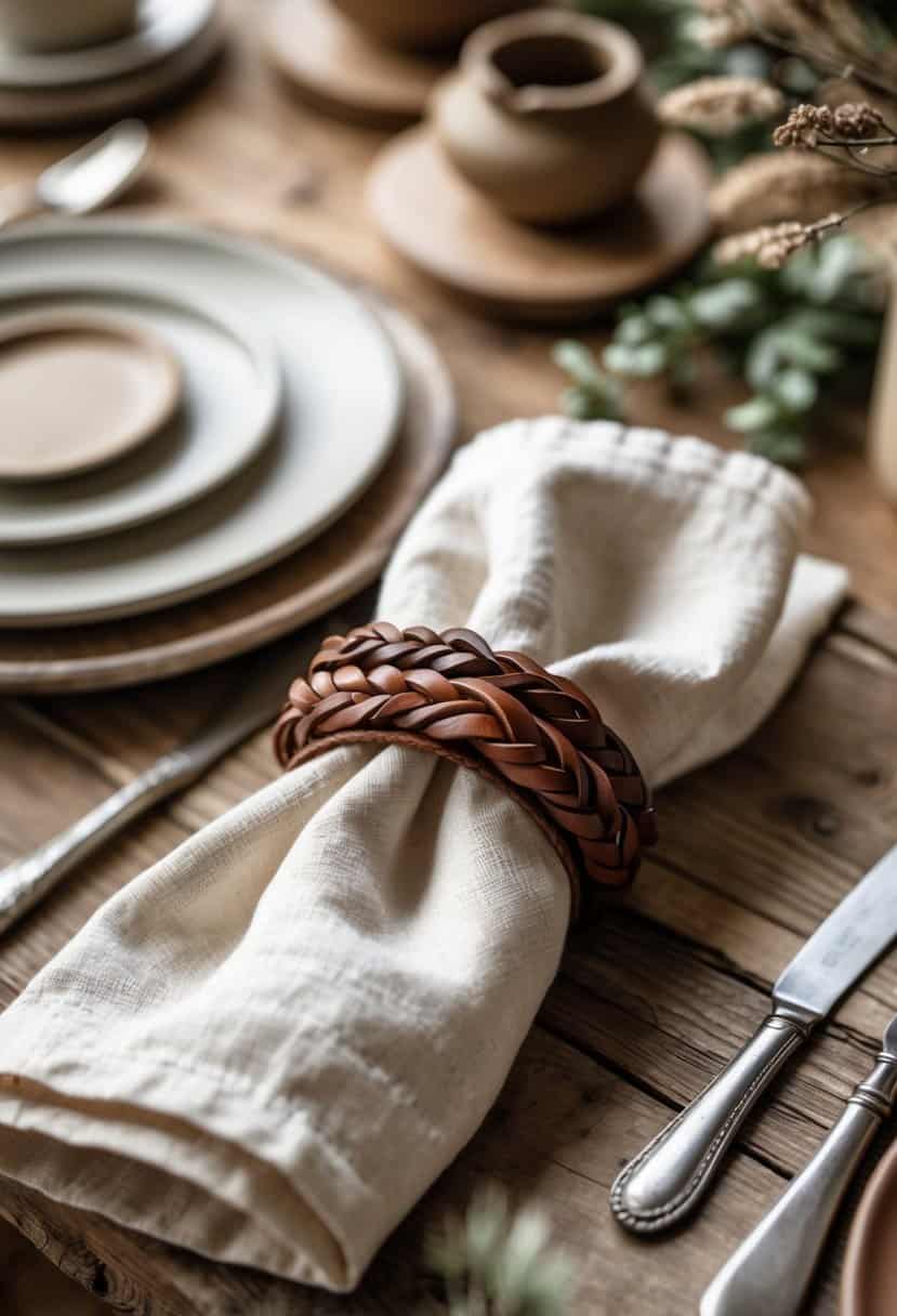 A wooden table set with white linen napkins wrapped in braided brown leather napkin rings, accompanied by plates, cutlery, and greenery.