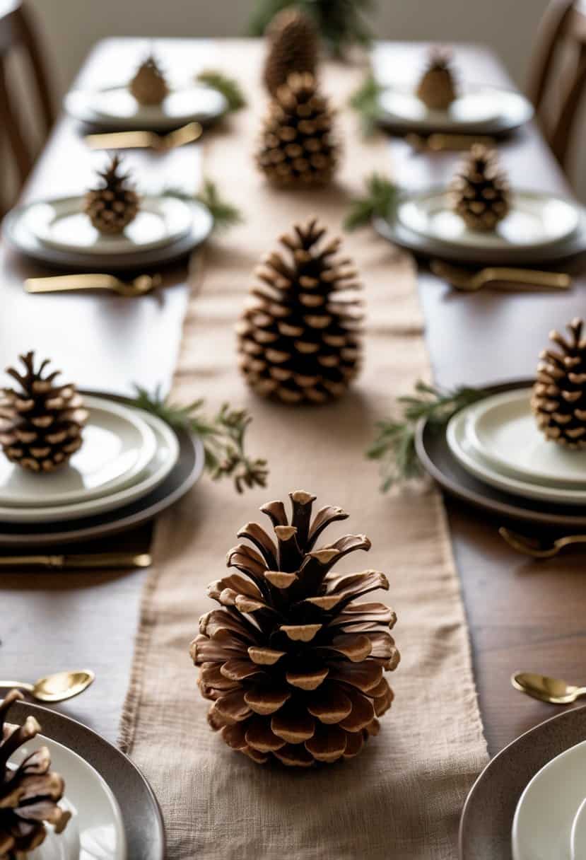 A brown wooden table set with multiple place settings, each featuring a pine cone place card holder and simple white plates.