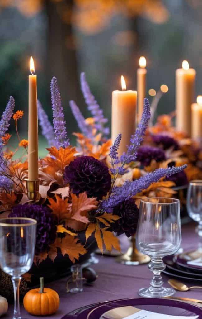 Elegant autumn table setting with purple and orange floral centerpiece, tall lit candles, glassware, plates, and a small pumpkin, set outdoors with fall foliage in the background.