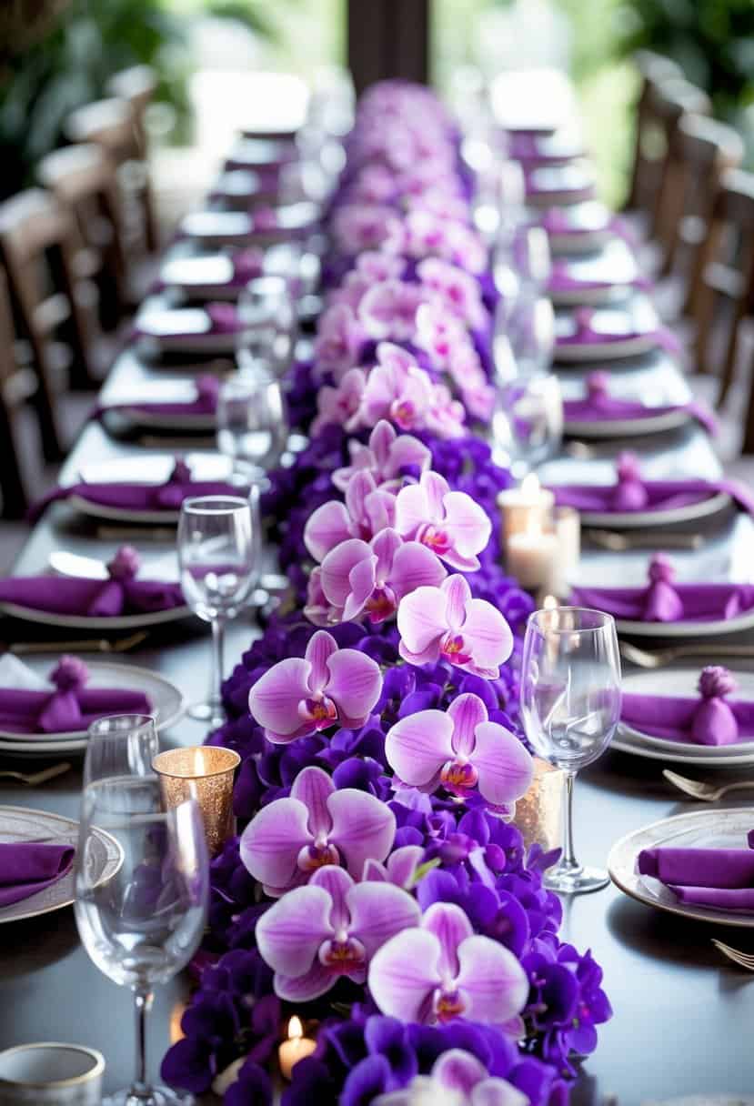A dining table decorated with a pink and purple floral garland and matching table settings.