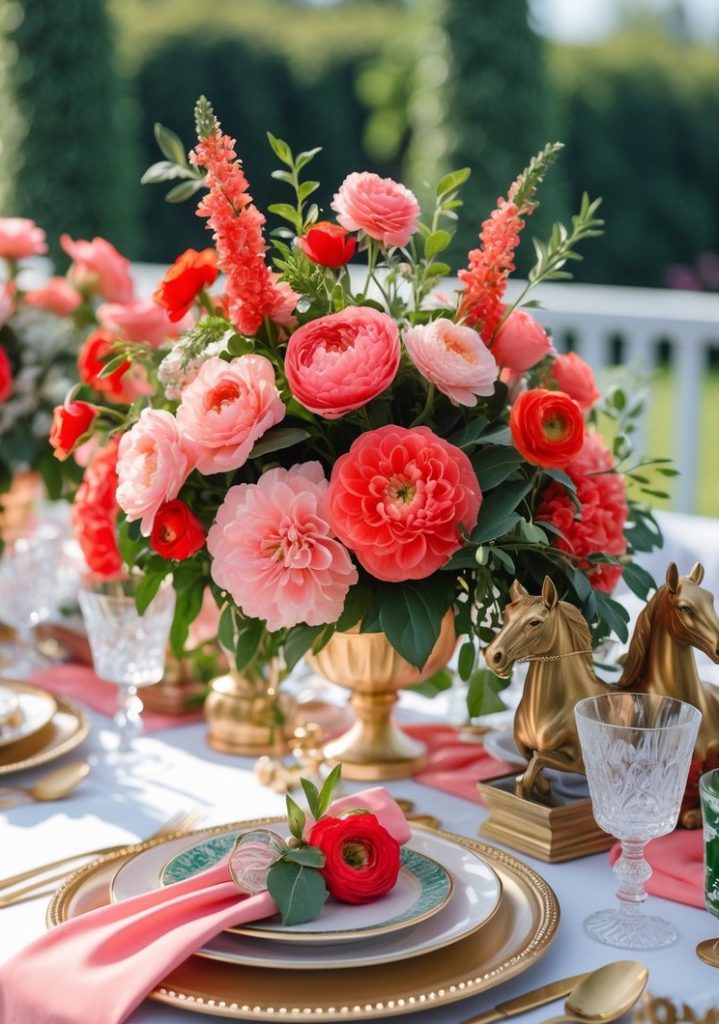 Elegant table setting with gold utensils and plates, pink napkins, and large floral centerpieces featuring pink and red flowers. Gold horse figurines and crystal glasses add a decorative touch.