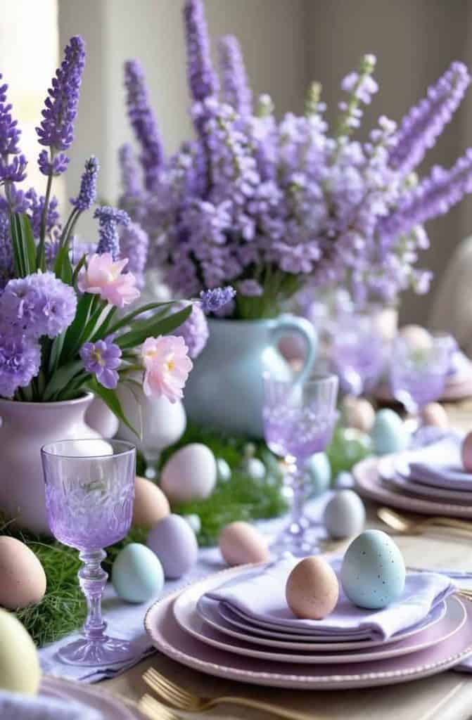 A spring-themed table setting with pastel plates, lavender glasses, decorated eggs, and vases of purple and pink flowers arranged along the center.