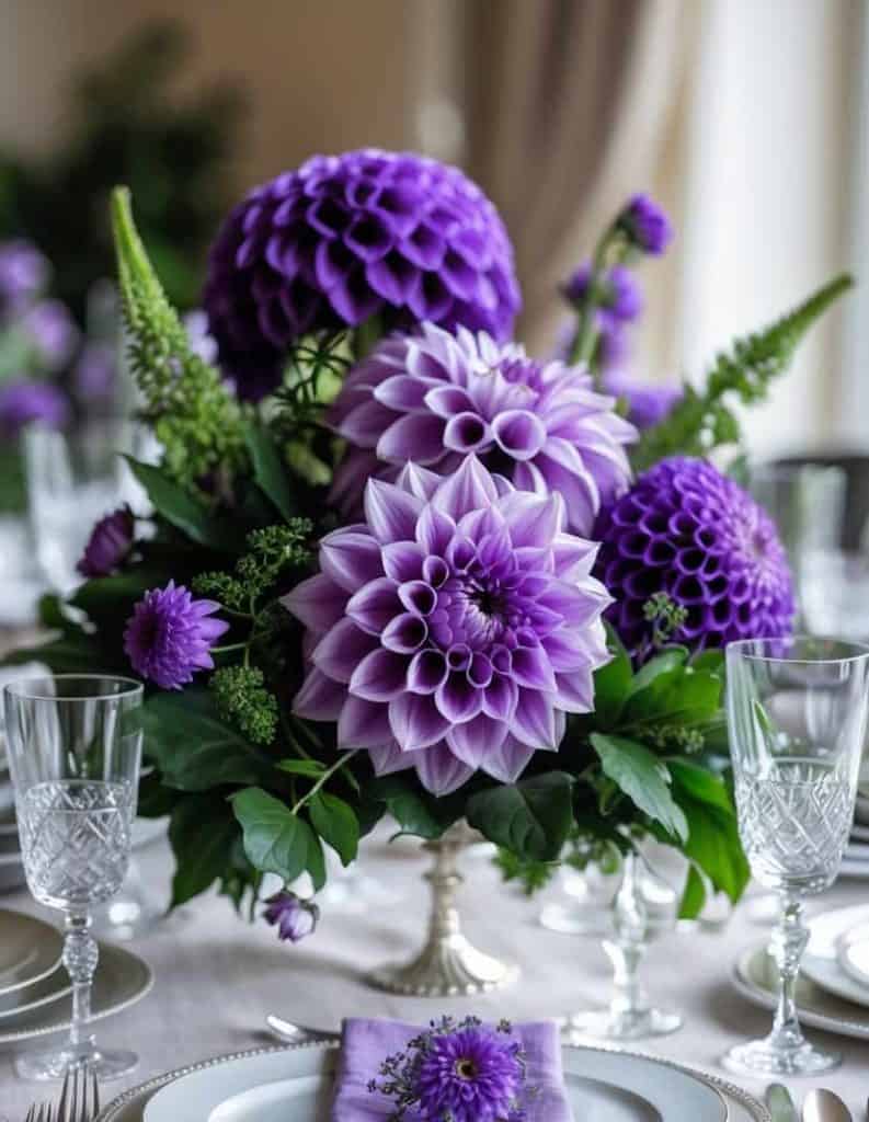 A formal dining table setting features a centerpiece of purple dahlias and greenery, with matching napkins and elegant glassware and plates.