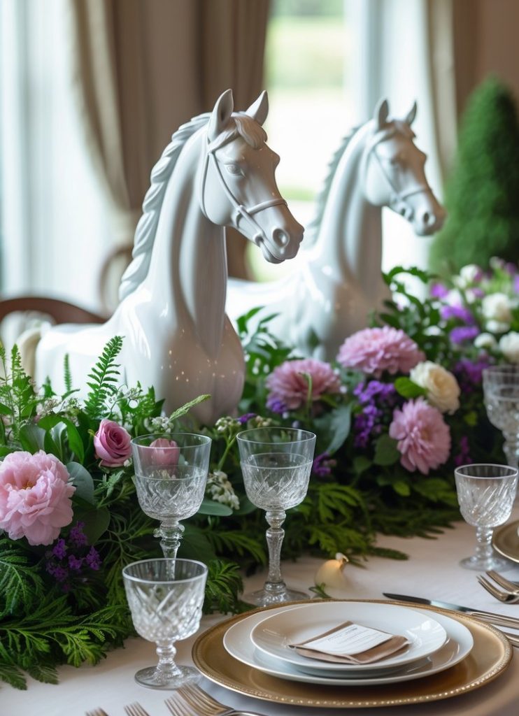 A formal dining table is set with plates, glasses, and cutlery, decorated with floral arrangements and two white ceramic horse head sculptures as the centerpiece.