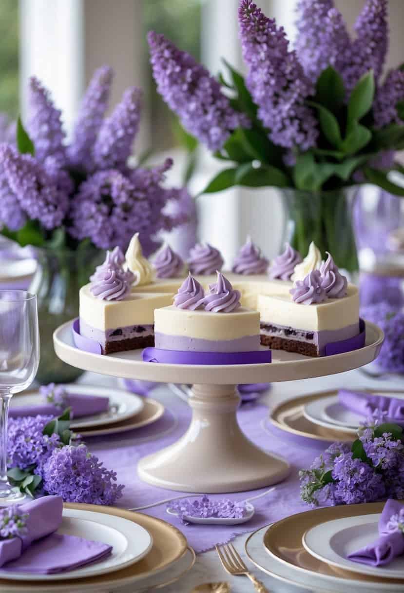 A table set with a lilac and cream cake stand holding pastries, surrounded by purple decorations and flowers.