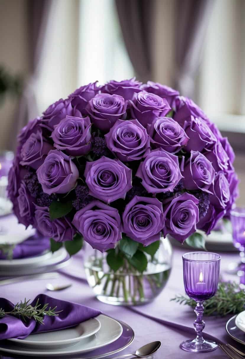 A table set with a vibrant purple rose centerpiece surrounded by matching purple table decorations and glassware.