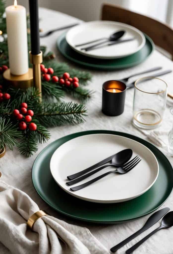 A holiday table setting with green-rimmed plates, black cutlery, a white napkin with a gold ring, a lit candle, and evergreen and red berry decorations.