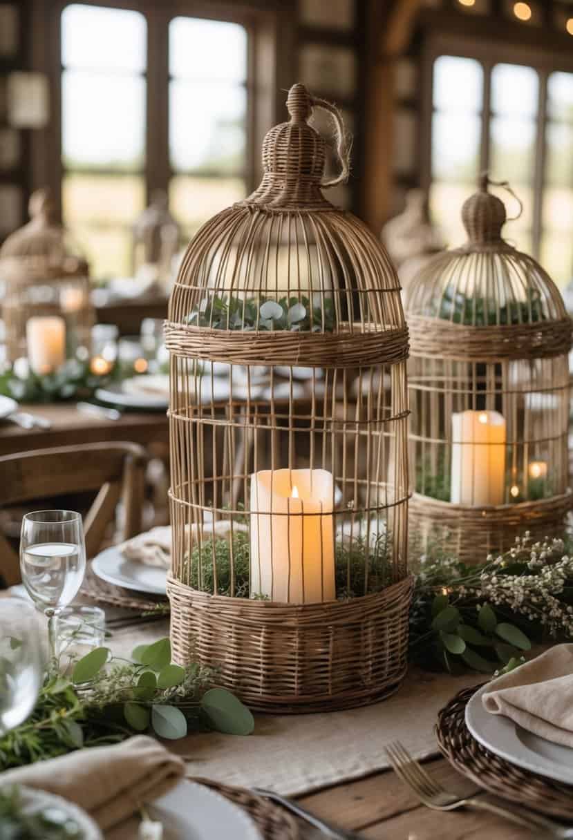 Farmhouse dining tables with wicker birdcage centerpieces holding lit candles surrounded by greenery and flowers.