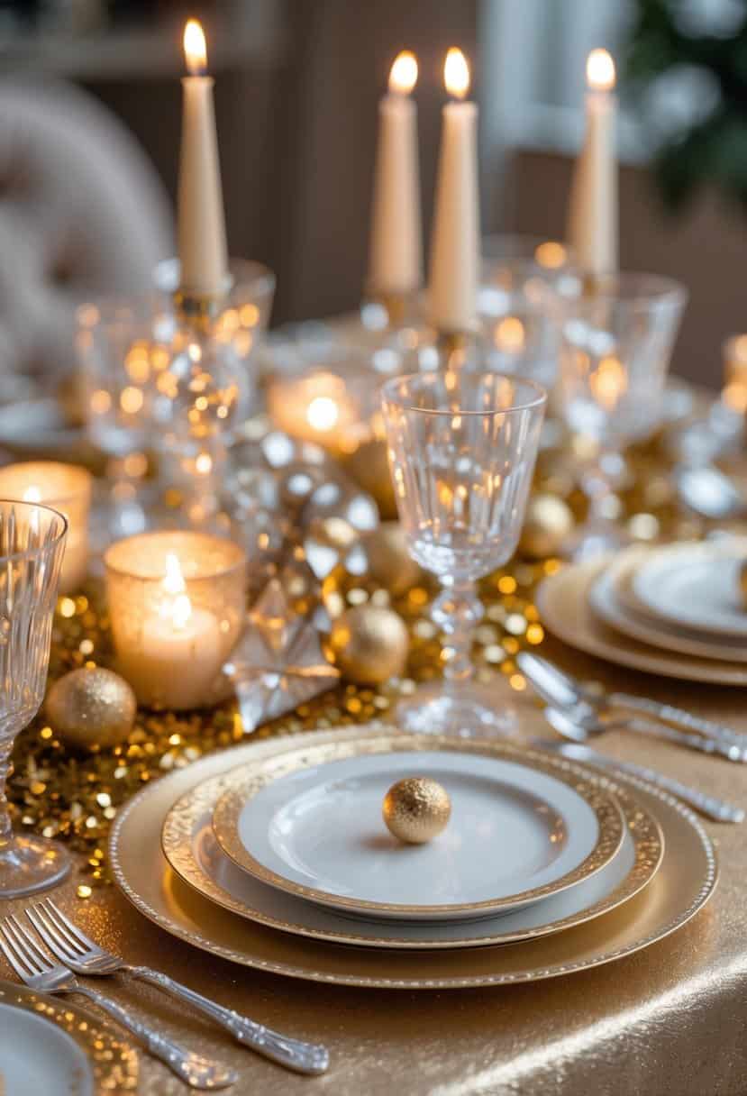 A festive table set for New Year's Eve with a metallic gold tablecloth, elegant glassware, plates, candles, and decorative accents.