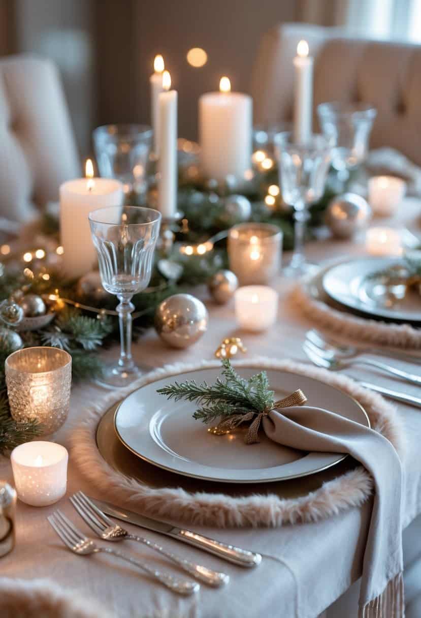 A cozy New Year's Eve table set with faux fur placemats, candles, glassware, and festive decorations.