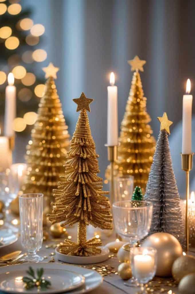 A festive table setting with gold and silver Christmas tree decorations, candles, glassware, and gold ornaments arranged neatly.