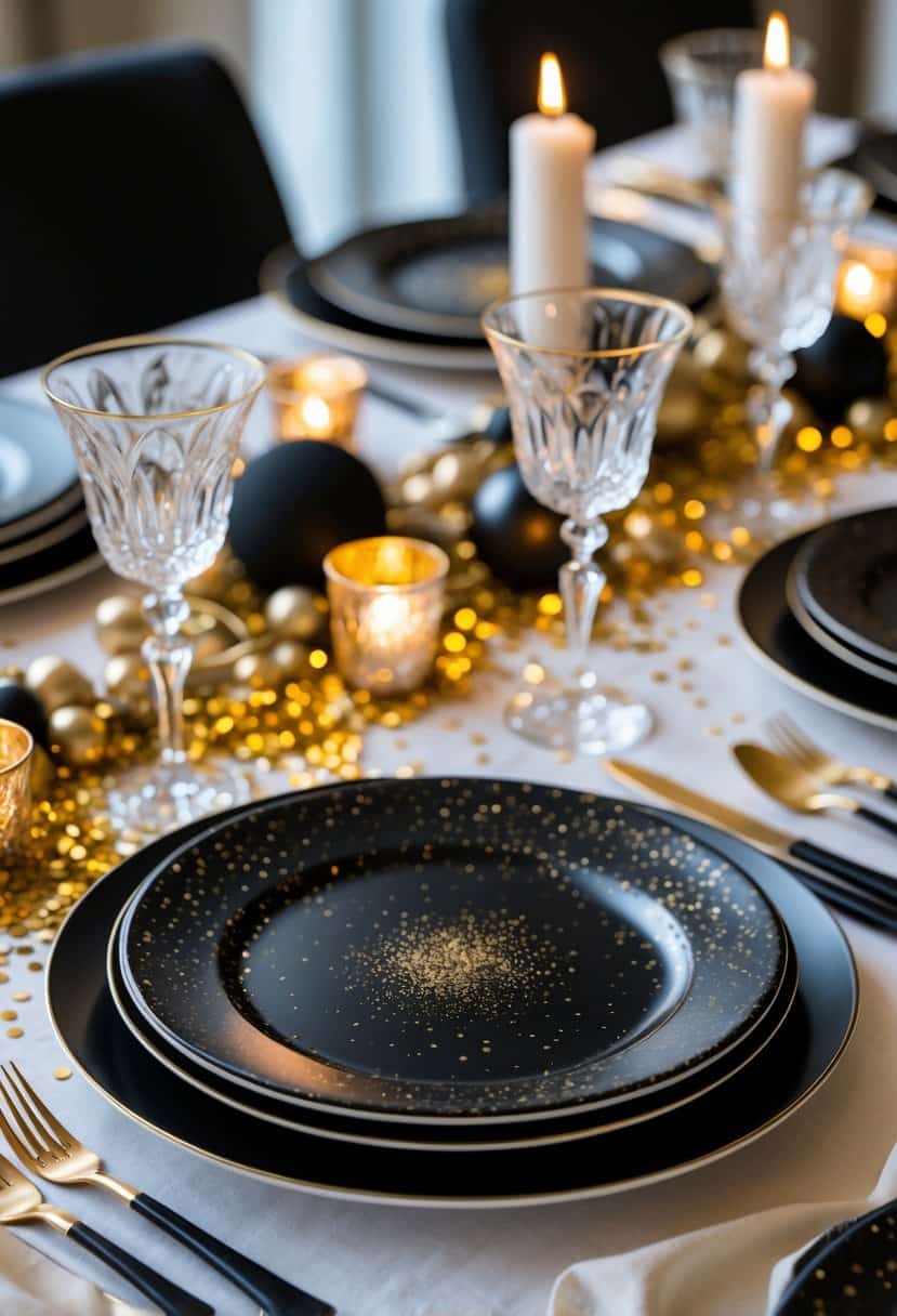 A New Year's Eve table set with black plates decorated with gold speckles, accompanied by matching cutlery, glassware, and festive decorations.