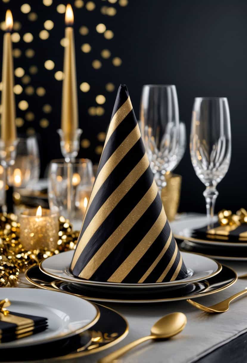 A New Year's Eve table set with black and gold striped paper napkins, gold utensils, crystal glasses, and festive decorations.