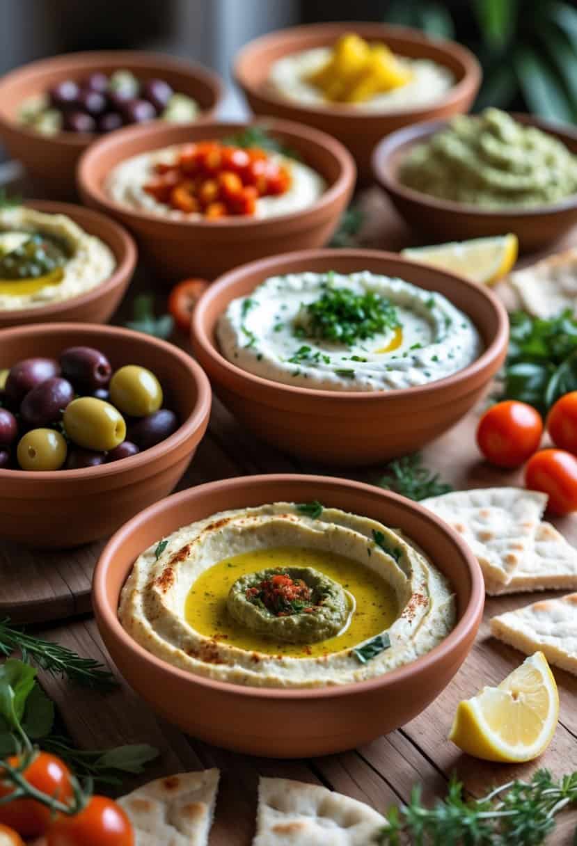 Terracotta serving bowls arranged on a wooden table, each filled with colorful Mediterranean dips surrounded by fresh ingredients.