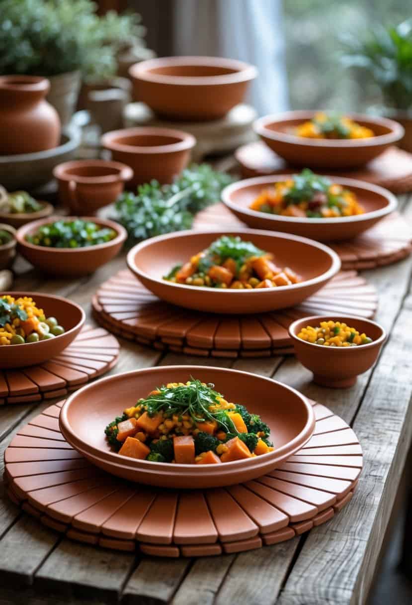 A wooden dining table set with terracotta tile-inspired hot pads under serving dishes, surrounded by terracotta bowls and decorative items.