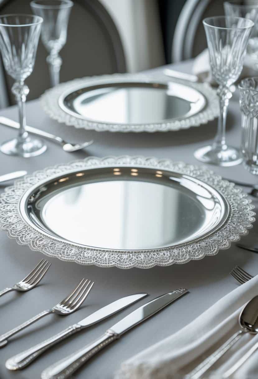 A table set with silver rimmed chargers featuring lace details, silver cutlery, crystal glasses, and white napkins.