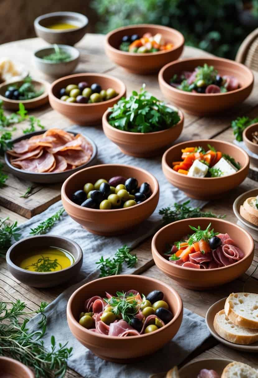 A wooden table set with terracotta bowls filled with various antipasti including olives, meats, cheeses, and vegetables.
