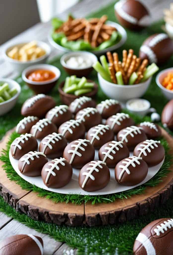 A plate of football-shaped chocolate treats is displayed on a wooden tray, surrounded by bowls of snacks and dips on a table decorated for a football-themed party.
