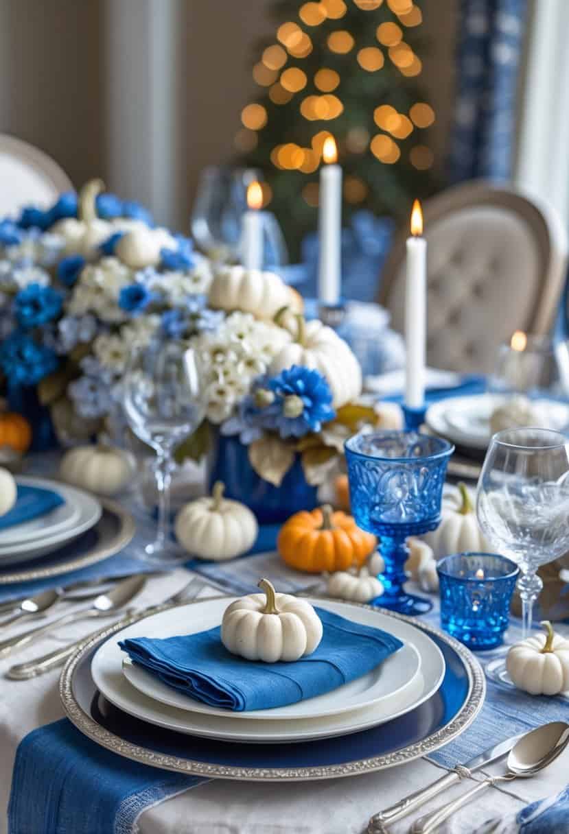 A Thanksgiving table set with blue and white plates, napkins, glassware, floral centerpieces, pumpkins, and candles.