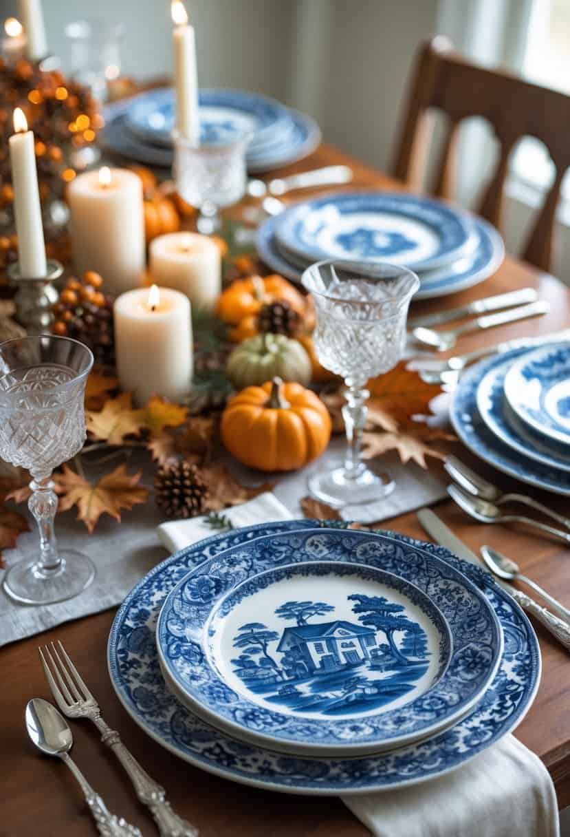 A Thanksgiving table set with blue and white porcelain plates, autumn decorations, silverware, and glassware.