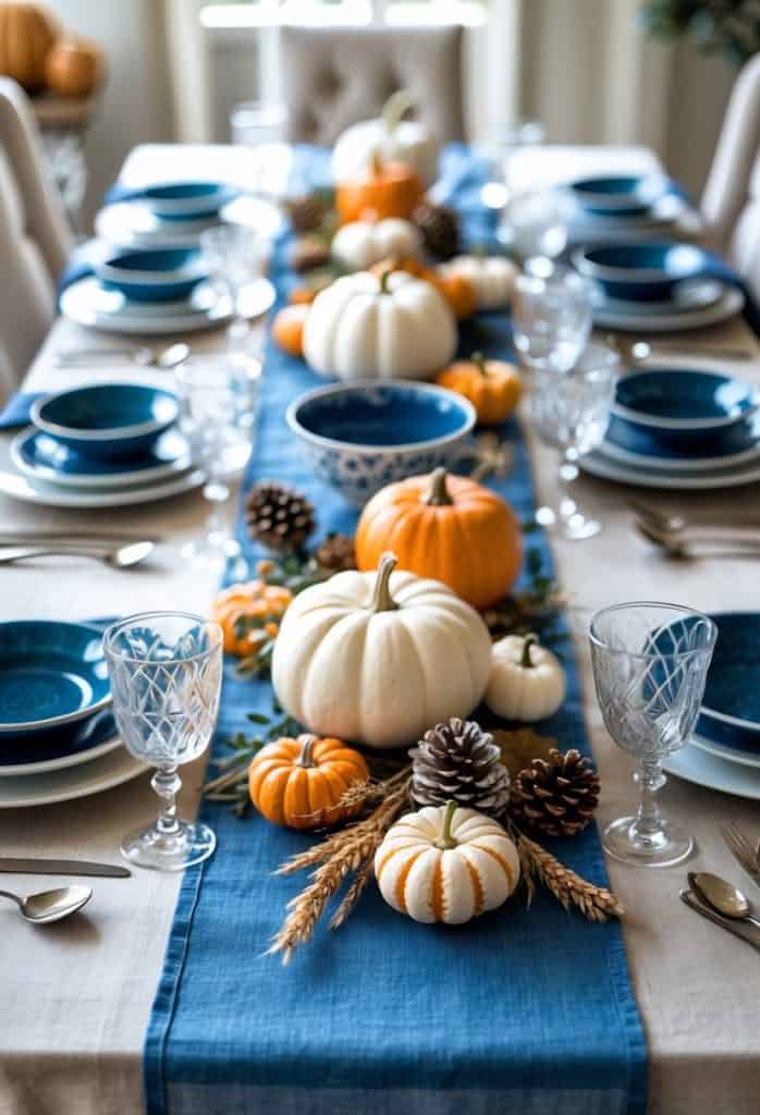 A dining table set with blue dishes, clear glasses, and a blue table runner, decorated with white and orange pumpkins, pinecones, and wheat for a fall theme.