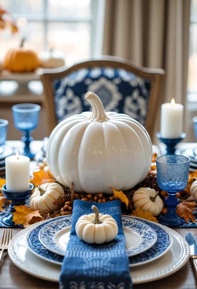 A white ceramic pumpkin centerpiece on a Thanksgiving table decorated with blue and white plates, napkins, and candles, surrounded by autumnal accents.