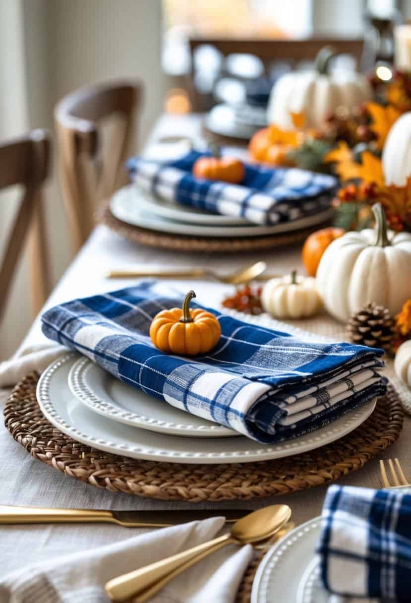A Thanksgiving dining table set with blue and white plaid napkins, white plates, and autumn decorations including small pumpkins and seasonal leaves.