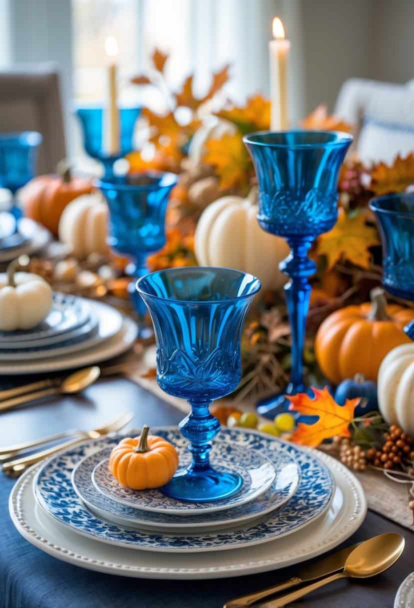 A Thanksgiving table set with cobalt blue glass goblets, blue and white plates, autumn decorations, and candles.