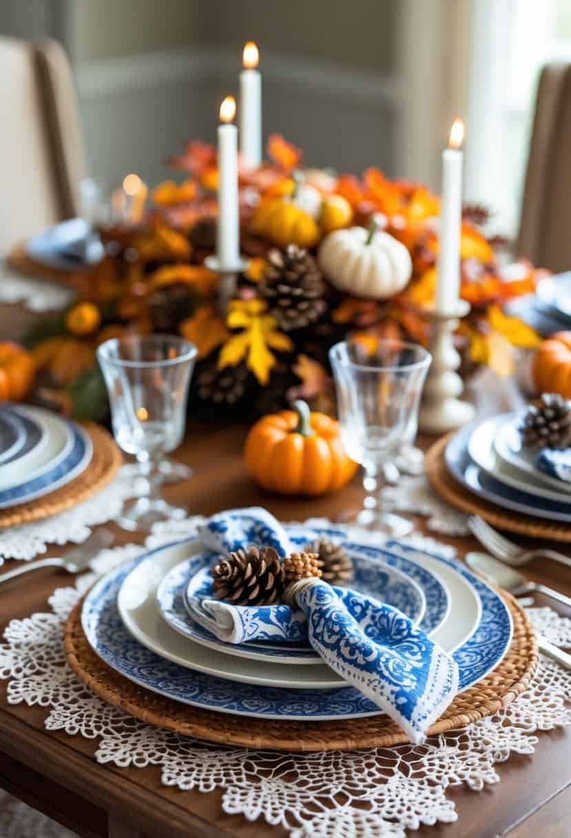 A Thanksgiving dining table set with white lace placemats, blue and white plates, autumn decorations, and candles.