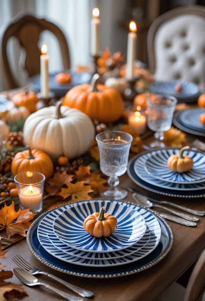 A Thanksgiving dining table set with blue and white striped plates, autumn decorations, and candles.
