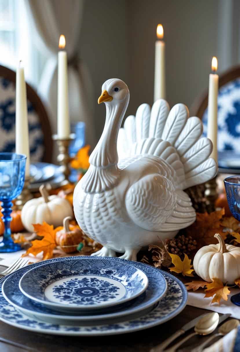 A white ceramic turkey figurine on a Thanksgiving table decorated with blue and white plates, pumpkins, leaves, and candles.