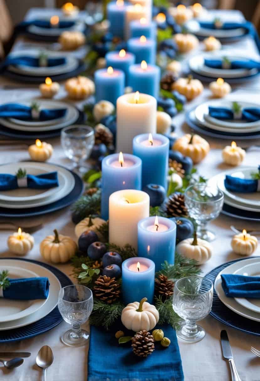 A Thanksgiving dining table set with blue and white plates, blueberry-scented candles, autumn decorations, and greenery.