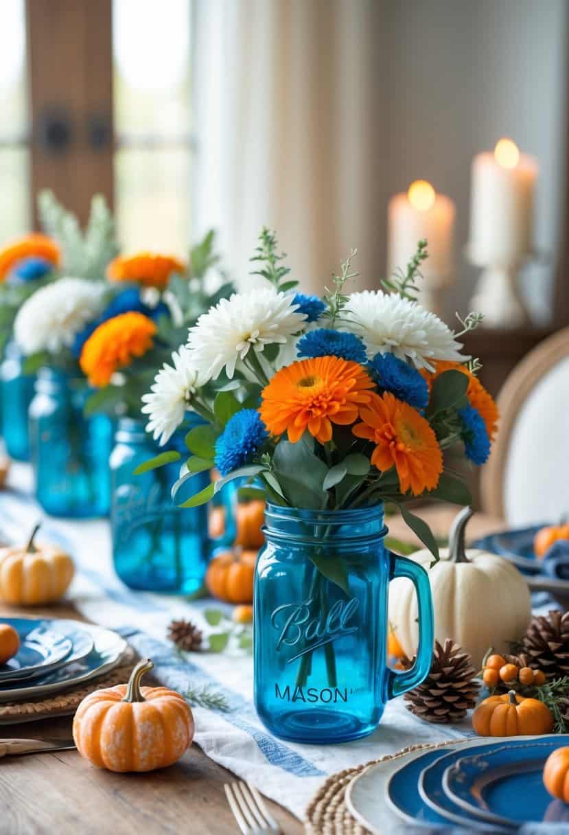 A Thanksgiving table set with blue mason jars holding flowers, surrounded by blue and white tableware and autumn decorations.