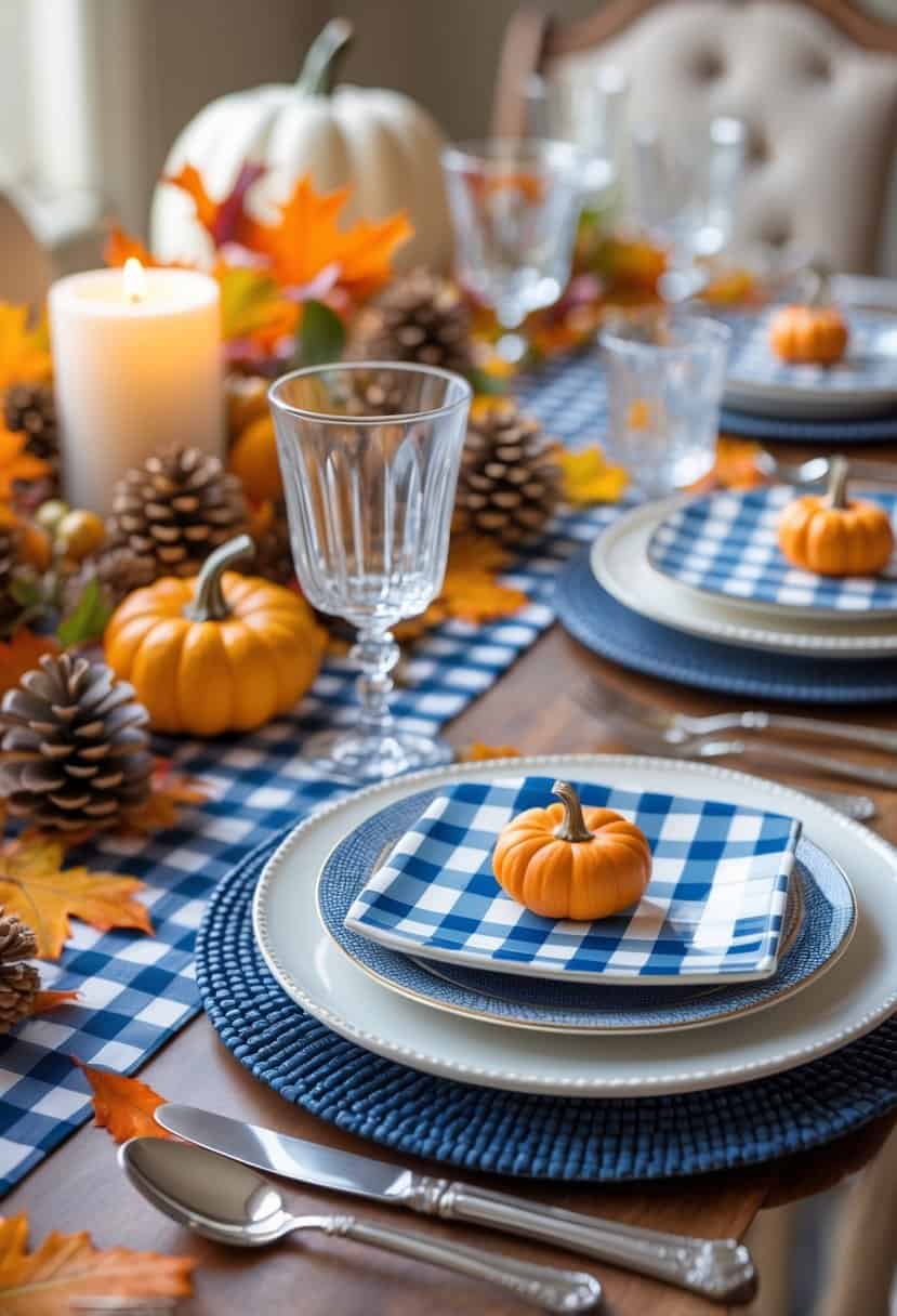 A Thanksgiving table set with blue and white checkered placemats, blue and white dishes, silver cutlery, glassware, and autumn decorations including pumpkins and fall leaves.