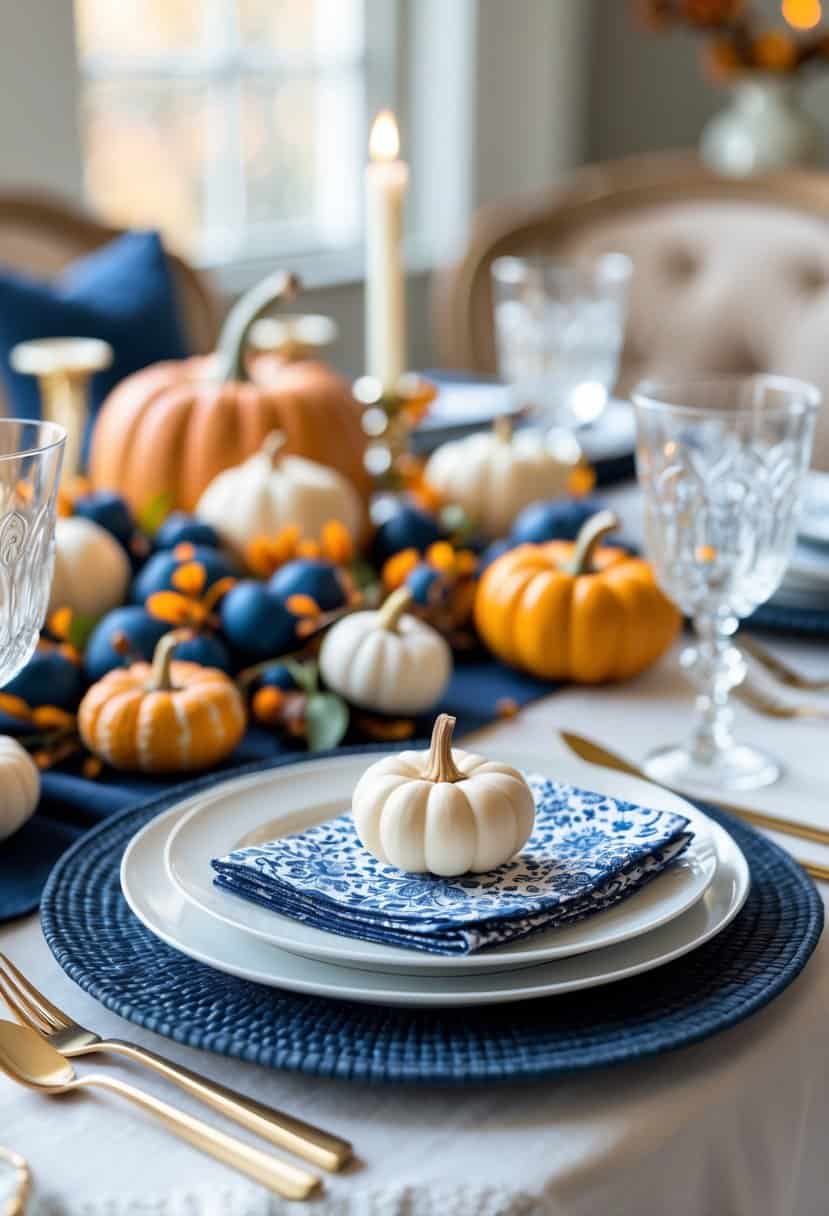 A Thanksgiving table set with navy blue chargers, white plates, and blue and white decorations including pumpkins and fall foliage.