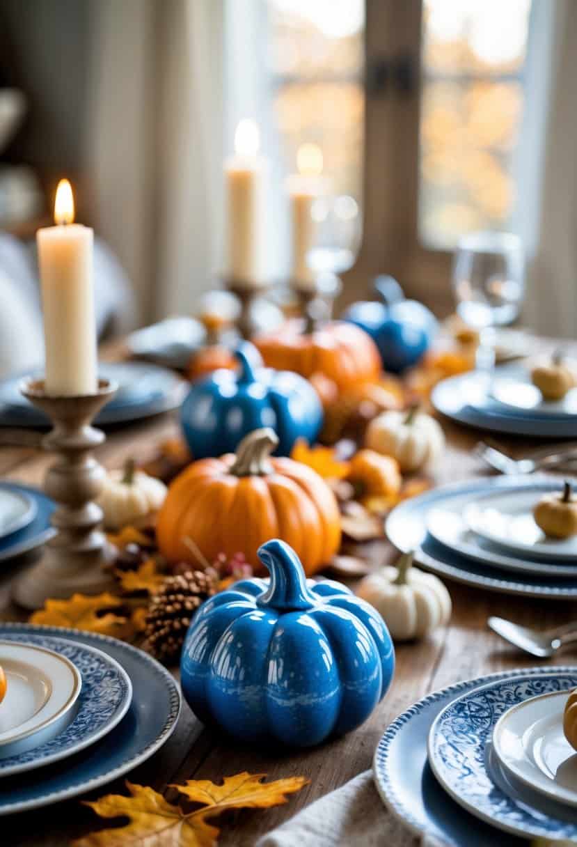 A Thanksgiving table set with blue and white dishes, blue ceramic pumpkin salt cellars, autumn decorations, and candles on a wooden table.
