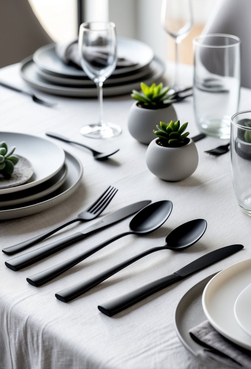 A dining table set with matte black forks, knives, and spoons alongside white plates and glassware.
