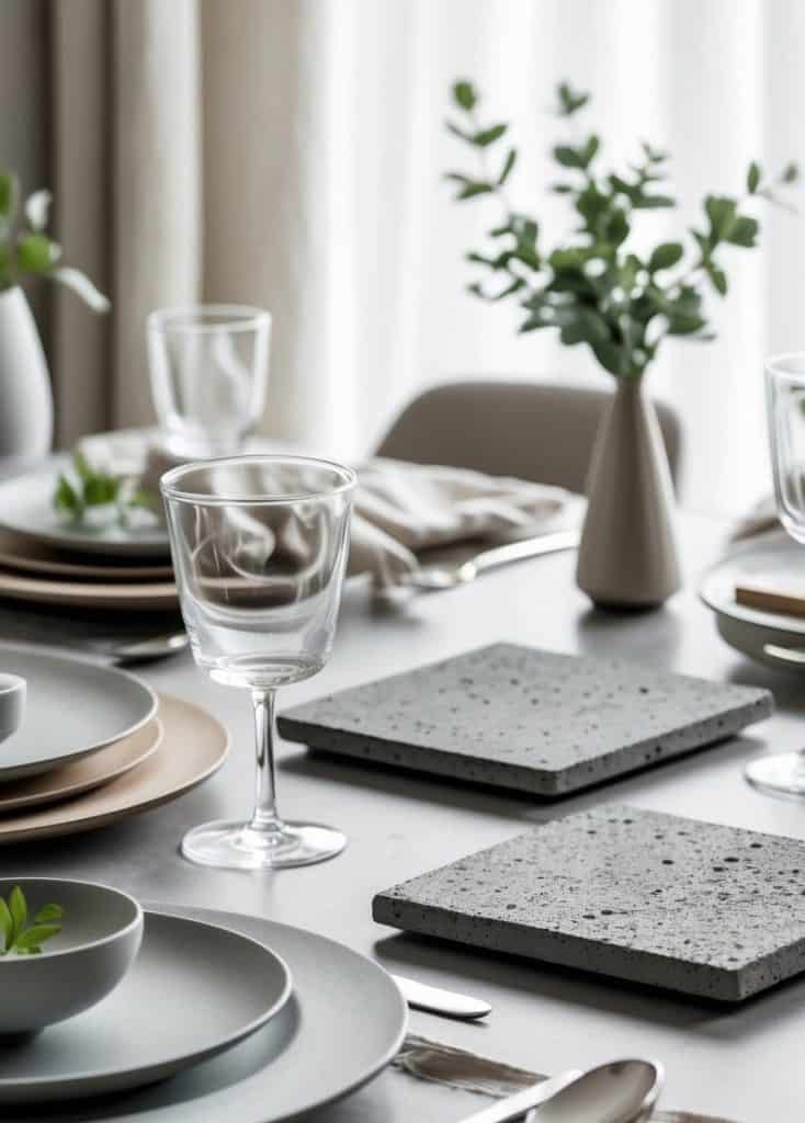 A modern dining table set with gray plates, glassware, cutlery, stone placemats, and minimalist vases with green foliage against a softly lit background.