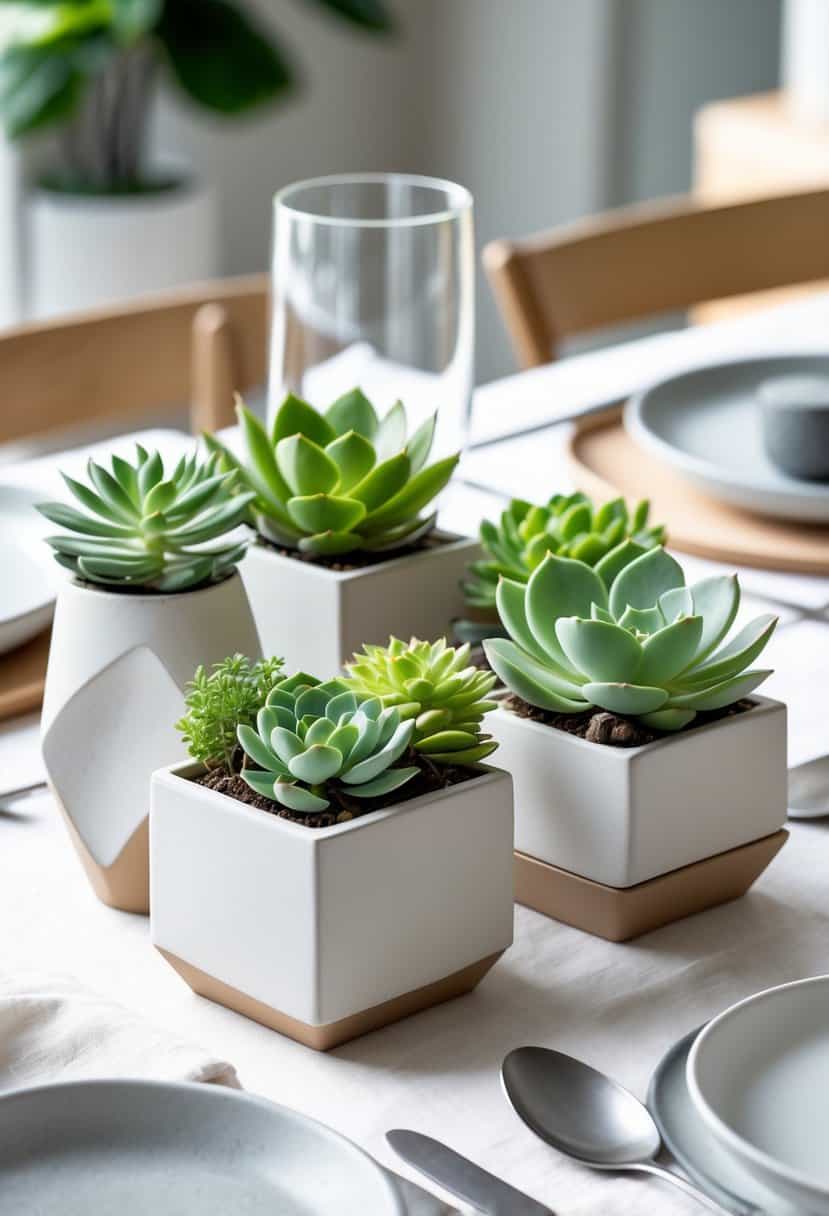 A table with small succulent plants in simple pots arranged as a centerpiece surrounded by modern table settings.