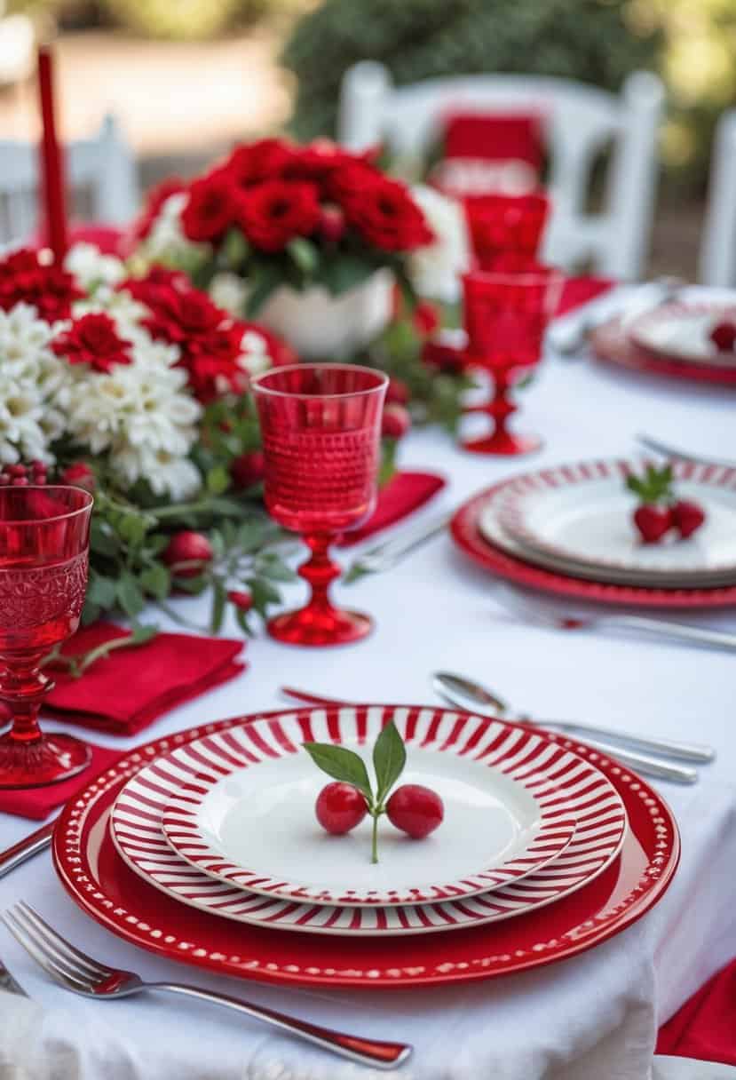 A table set with red and white striped dinner plates and red-themed table decorations.