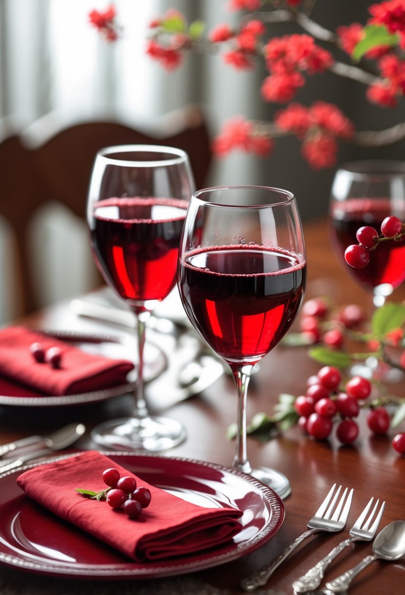 A dining table set with cherry red wine glasses, red napkins, and a cherry wood table, arranged for an elegant meal.