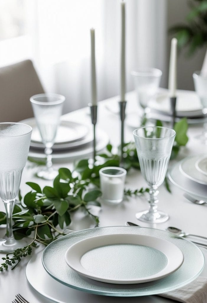 A formal dining table is set with white plates, silver cutlery, clear glasses, white candles, and green foliage as a centerpiece.