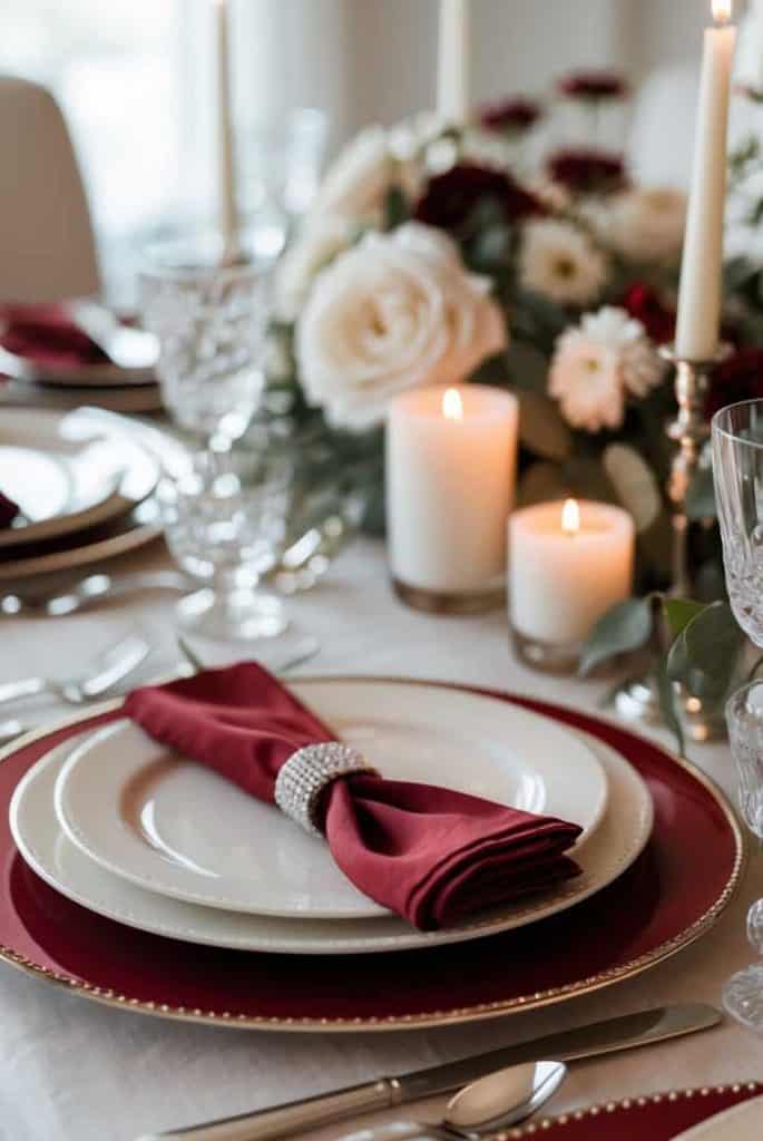 A formal dining table set with red and white plates, silver cutlery, burgundy napkins with rings, lit candles, and a flower arrangement centerpiece.