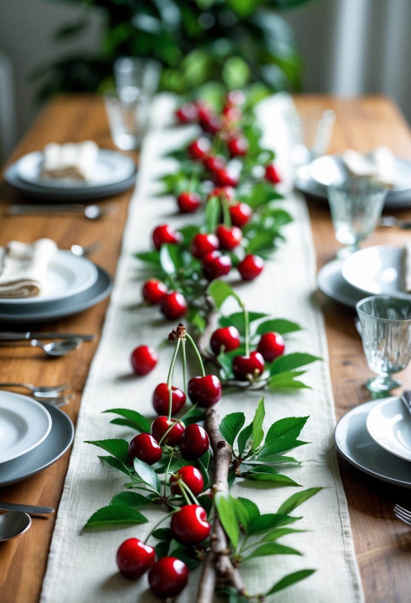 A dining table decorated with a cherry branch table runner, set with plates, glasses, and cutlery.