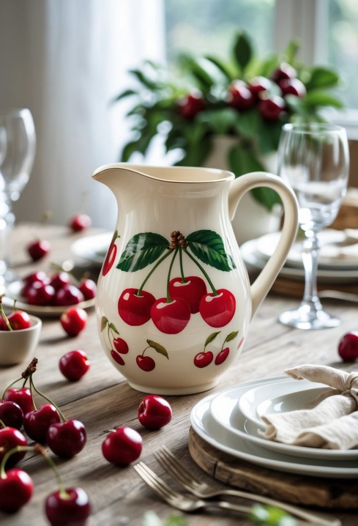 A ceramic pitcher with cherry illustrations sits on a set dining table surrounded by fresh cherries, plates, and glassware.